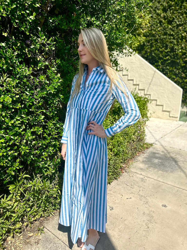 Mimi Long Sleeved Long Blue Striped Shirt Dress - The Kemble Shop