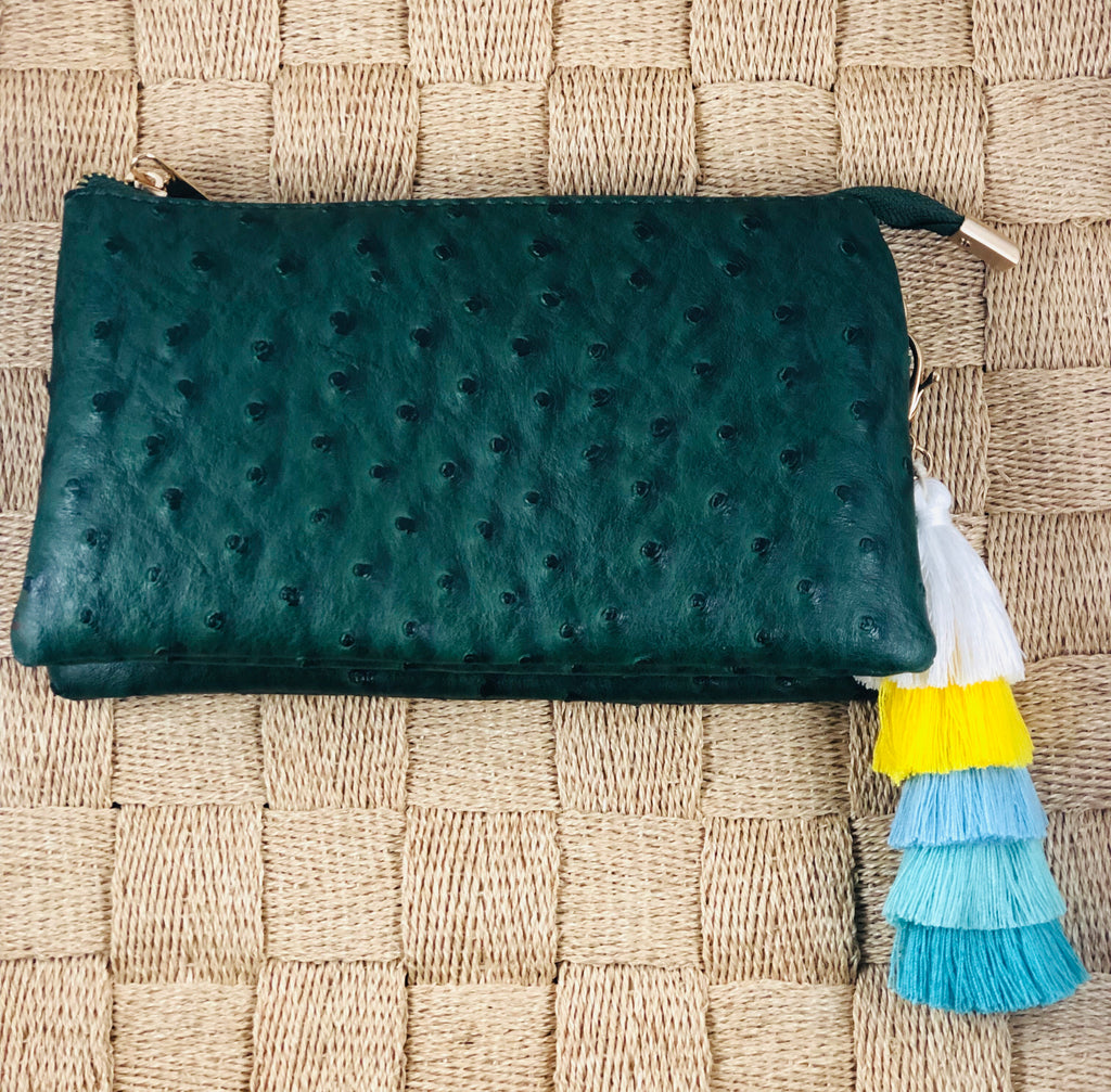 Forest Green Small Faux Ostrich Clutch w/Tassel - The Kemble Shop