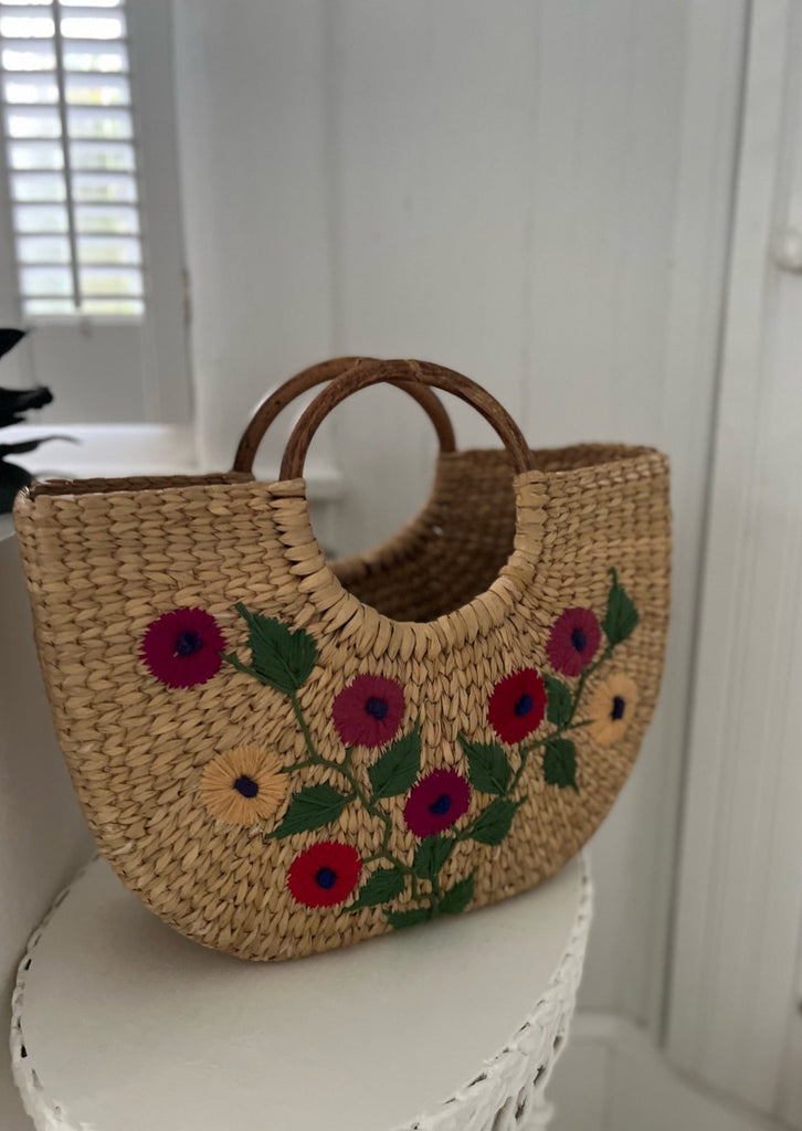 Hand Woven Multi Floral Natural Grass Tote - The Kemble Shop