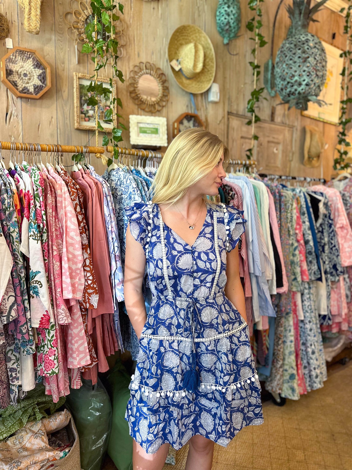Cece Dress Pom Pom | Dark Blue Floral | Short - The Kemble Shop