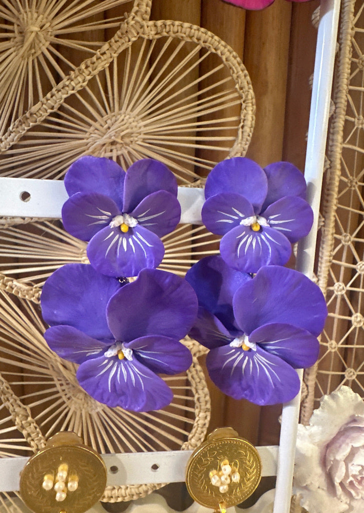 Deep Purple w/White Pansy Drop Earrings - The Kemble Shop