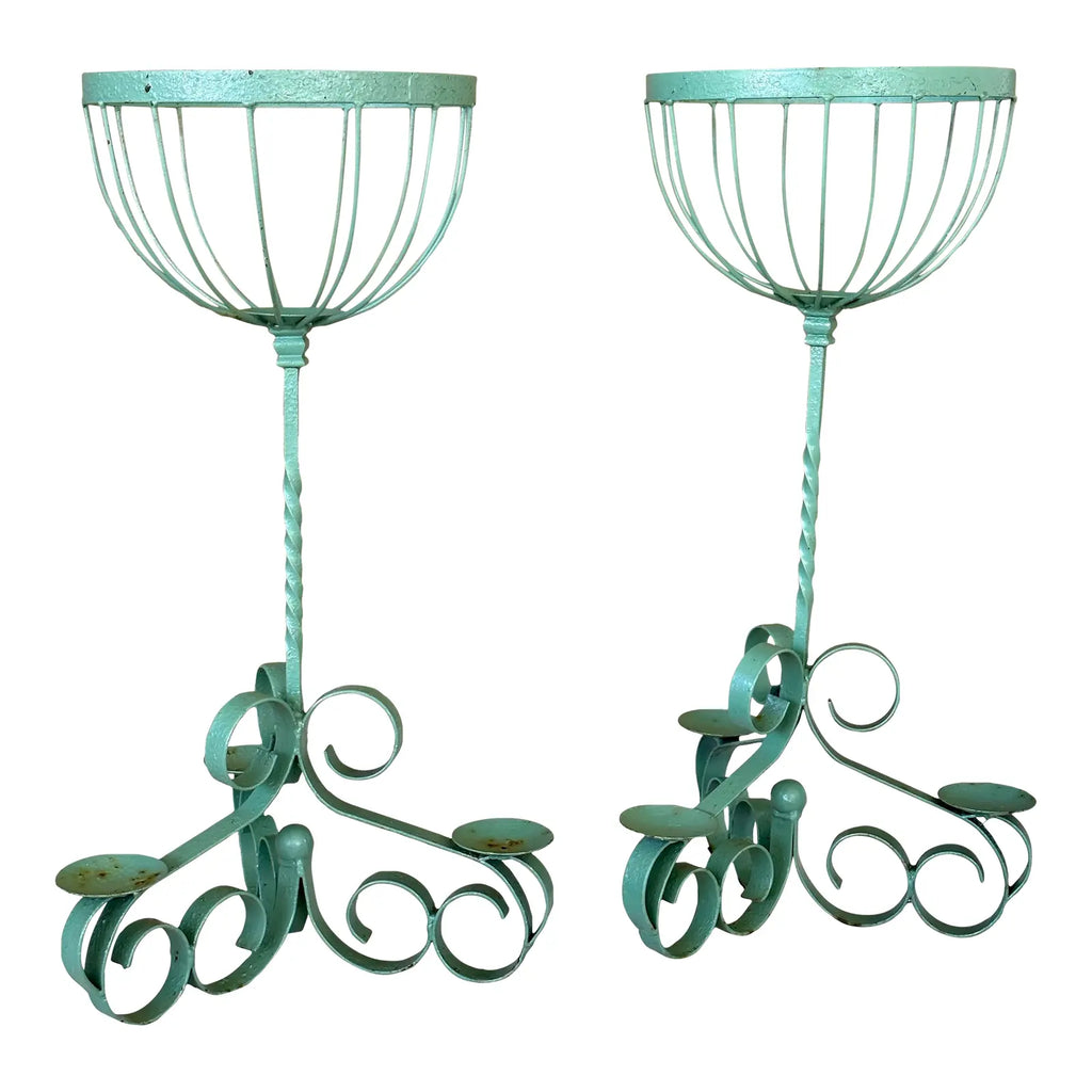 Mid-20th Century Coastal Wrought Iron Previously Painted Jade Plant Stands-Pair