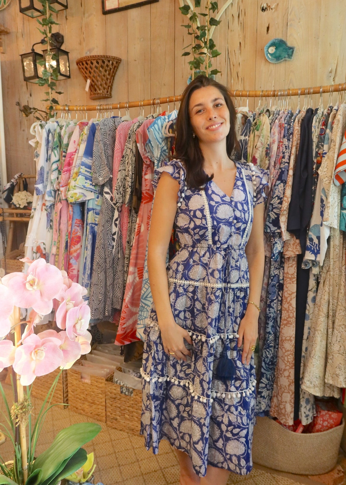 Cece Pom Pom Dress | Dark Blue Floral | Midi - The Kemble Shop