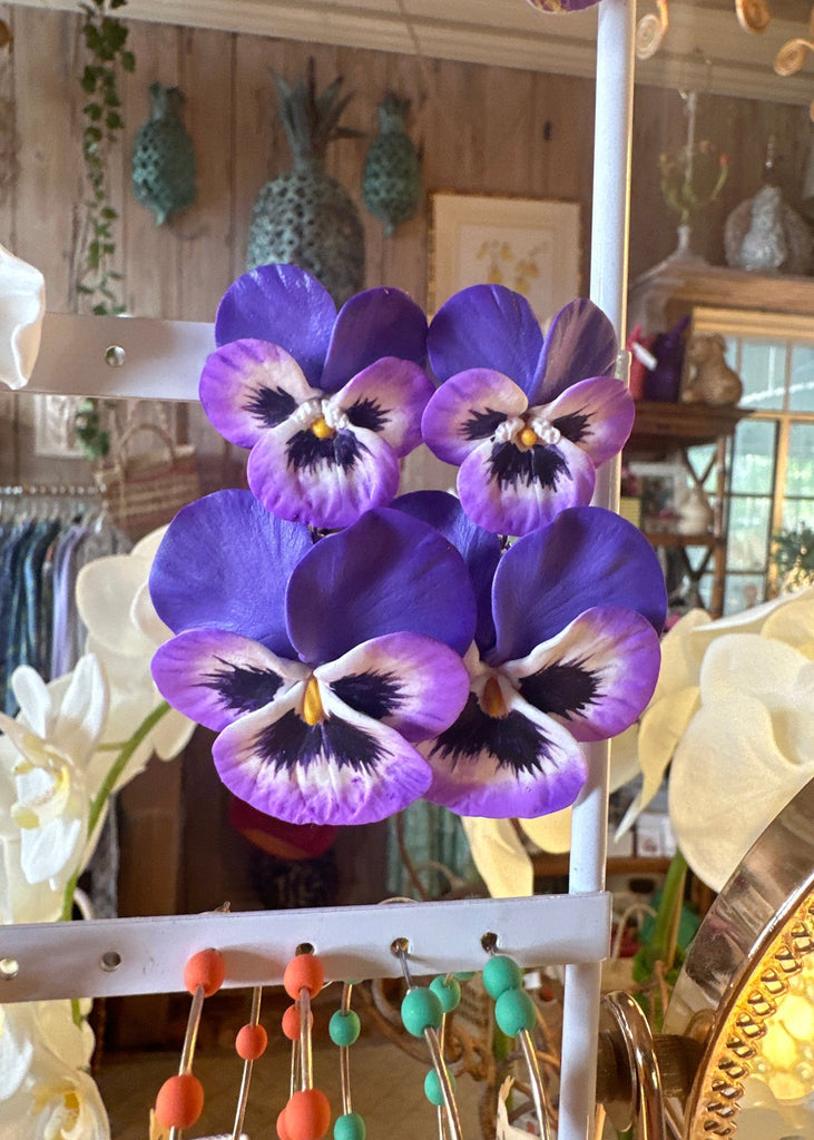Deep Purple and White Pansy Drop Earrings - The Kemble Shop