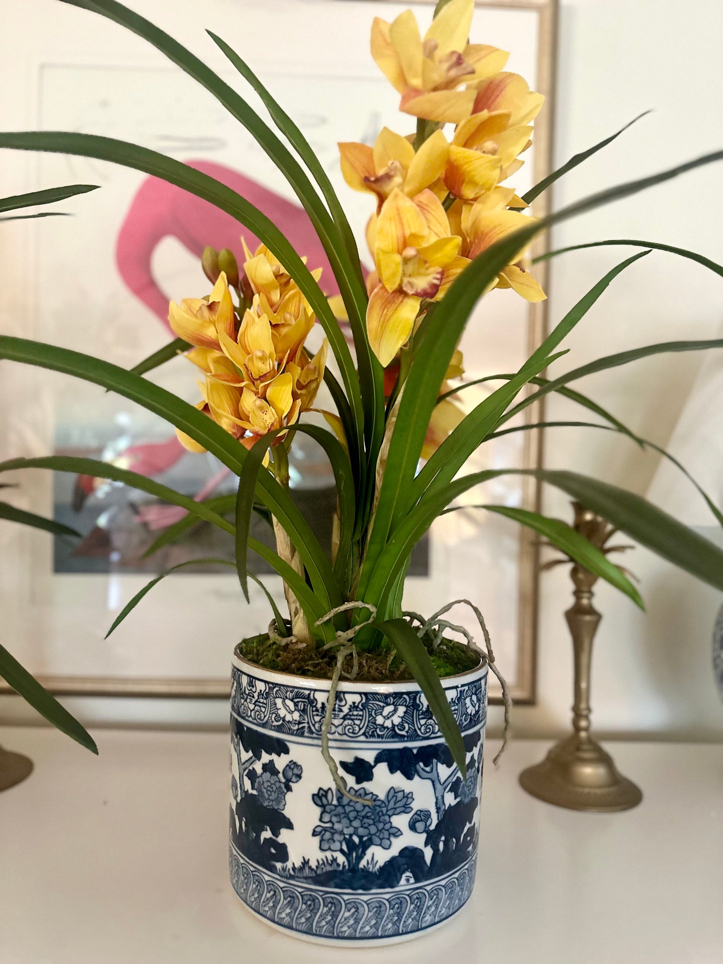 Gold Cymbidium Ochids in Chinoiserie Pot - The Kemble Shop