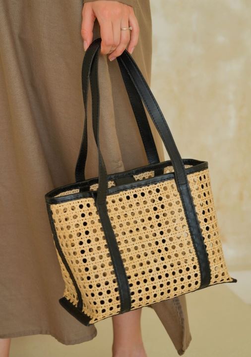 Cane Bucket Tote in Black Leather