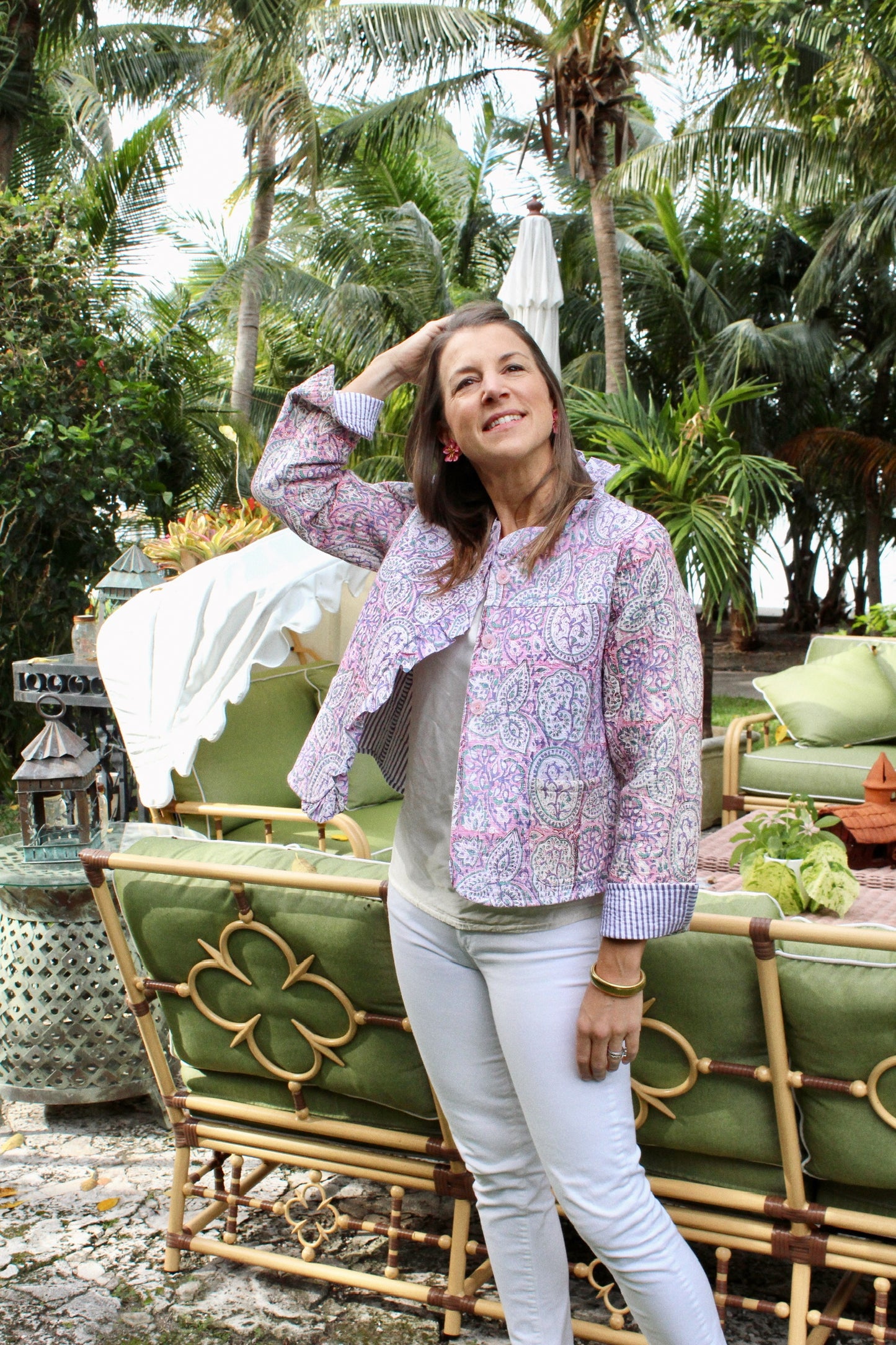 Quilted Short Reversible Jacket | Pink Paisley Stripes - The Kemble Shop