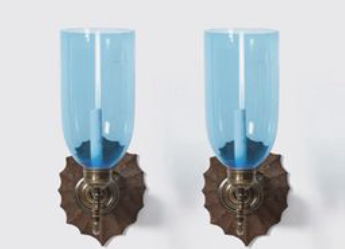 Sconces (Pair) - David Duncan Studio Boissy Sconces w/Blue Hurricane Shades - The Kemble Shop