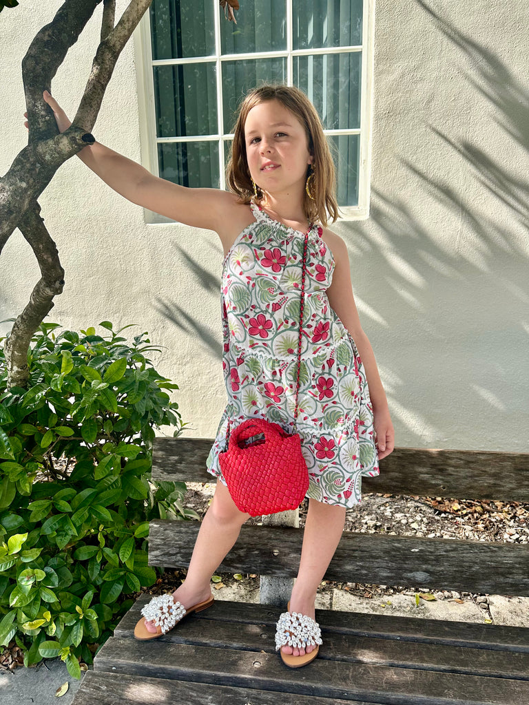 Girls Daisy Ric Rac Sundress  - Red Floral Fern - The Kemble Shop