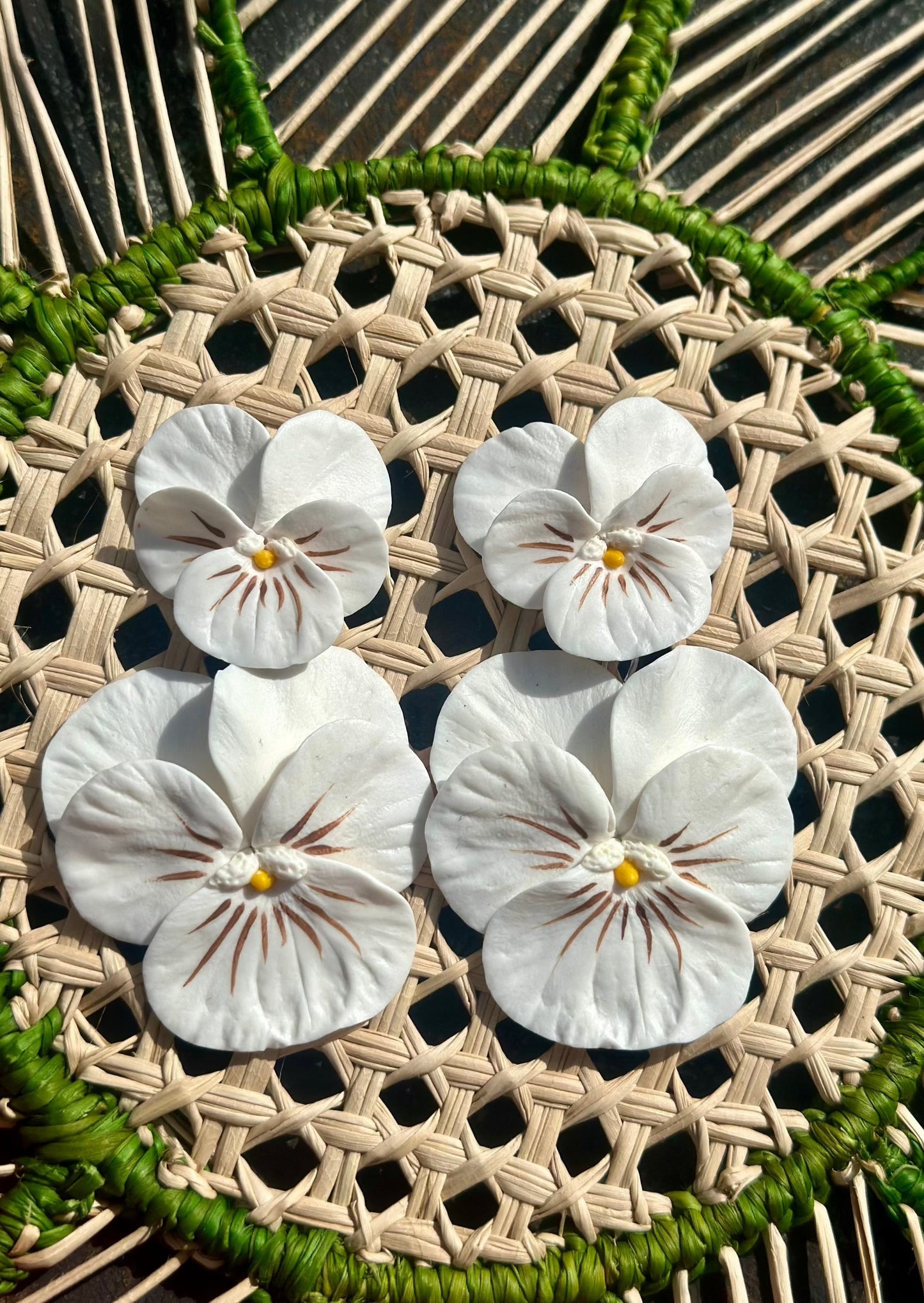 White Pansy w/Brown Whisker Drop Earrings - The Kemble Shop