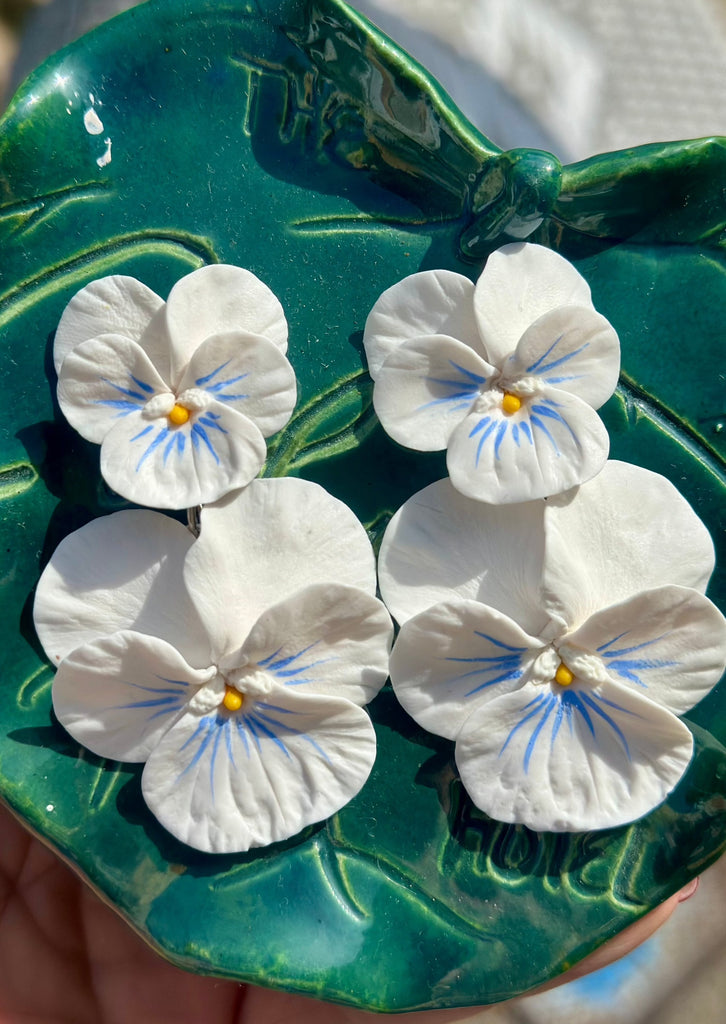 White Pansy w/Light Blue Whisker Drop Earrings - The Kemble Shop