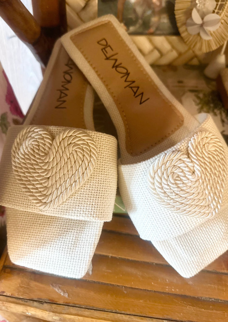 Ivory/Beige Heart Rattan Columbian Sandals - The Kemble Shop