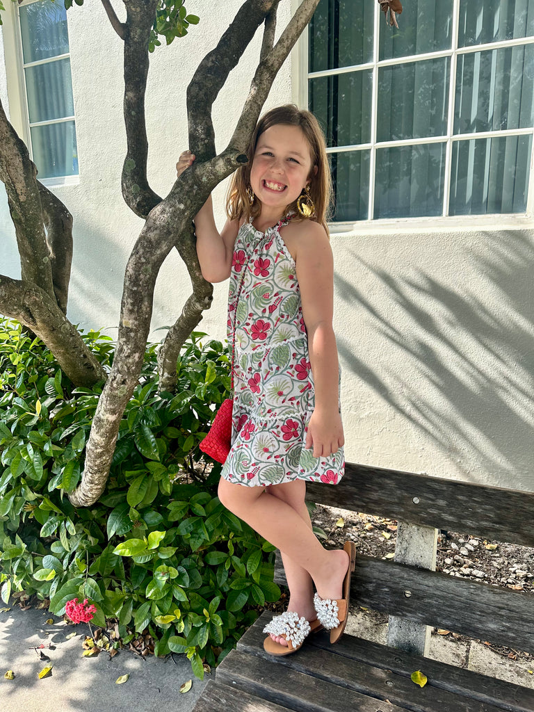 Girls Daisy Ric Rac Sundress  - Red Floral Fern - The Kemble Shop