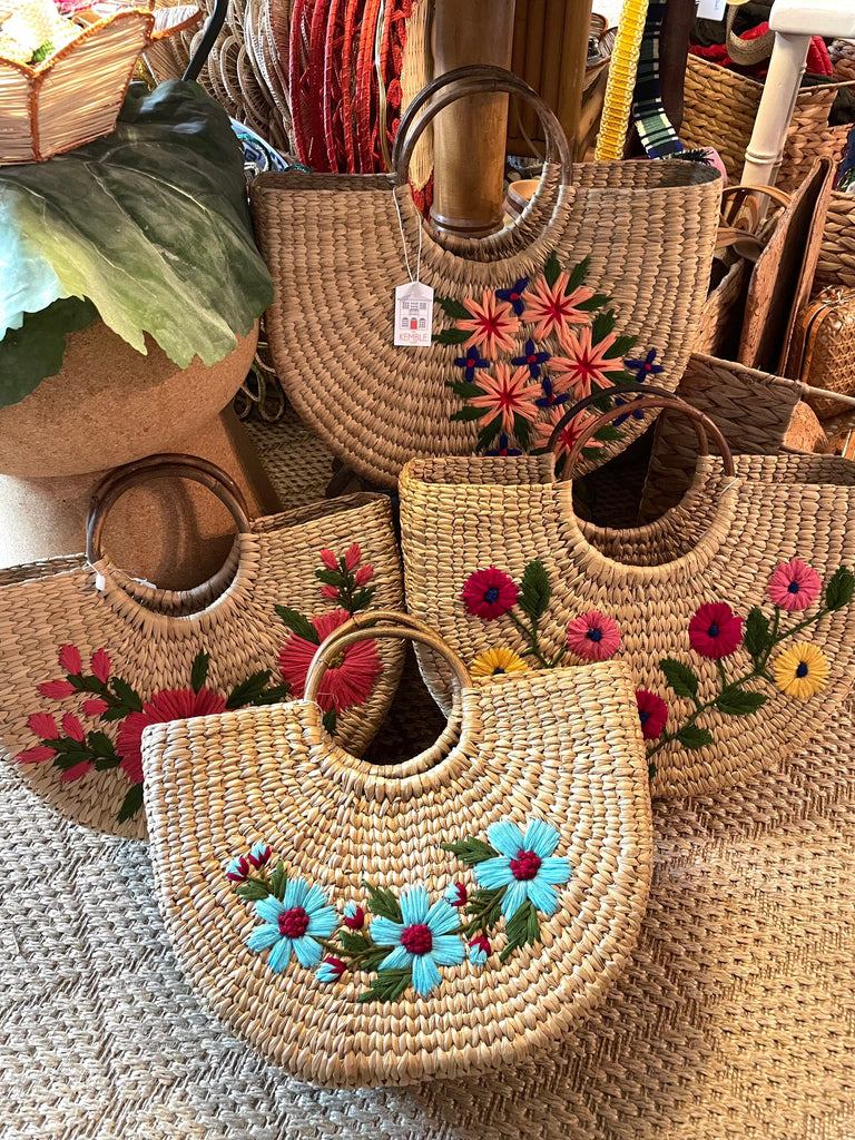 Bags & Totes - Hand Woven Multi Floral Natural Grass Totes - The Kemble Shop