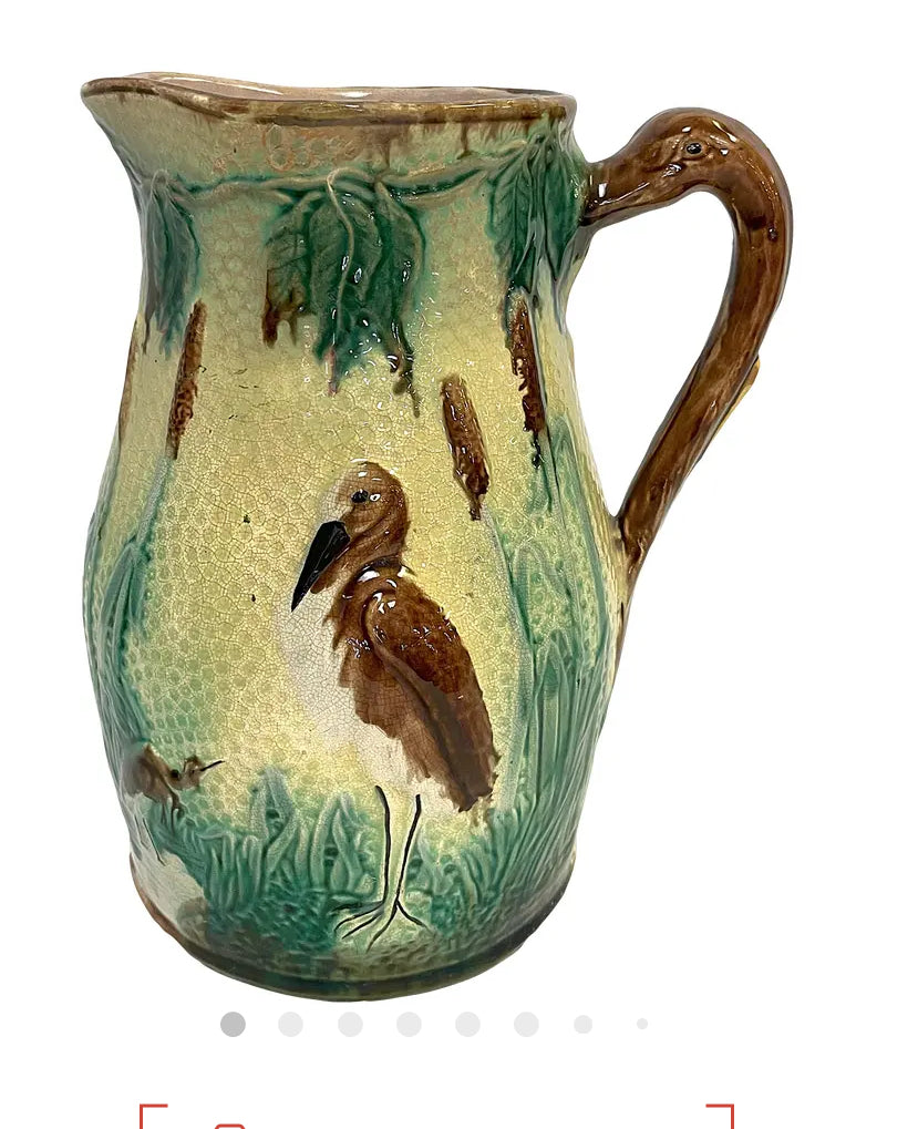 Vintage English Majolica Heron Cattails Ceramic Pitcher - The Kemble Shop
