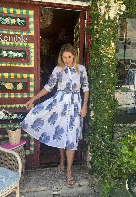 Mrs Maisel Dress - White with Hydrangeas - Dizzy Lizzie - The Kemble Shop