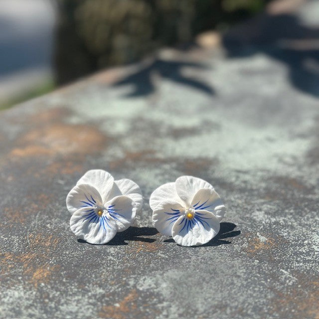 Pansy Earrings | Small White with Blue Whiskers - The Kemble Shop