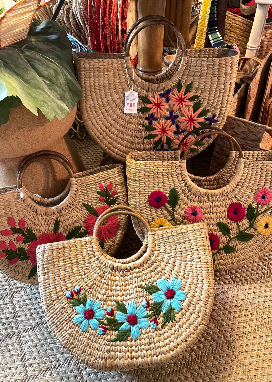 Hand Woven Multi Floral Natural Grass Totes | Assorted Colors and Patterns - The Kemble Shop