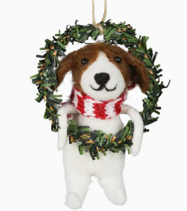 Felt Dog in Wreath Ornament - The Kemble Shop