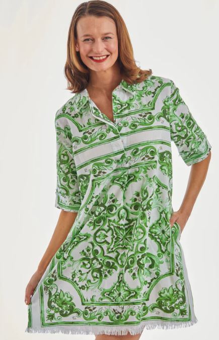 Chatham Dress- Green & White Tile Pattern - Dizzy Lizzie - The Kemble Shop