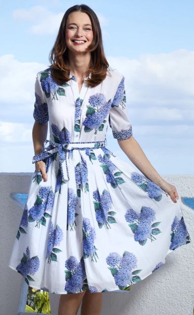 Mrs Maisel Dress - White with Hydrangeas - Dizzy Lizzie - The Kemble Shop