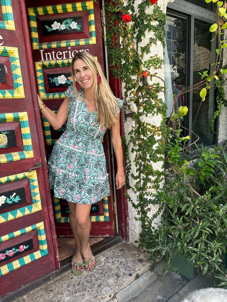 Cece Turquoise Patterned Floral Pom Pom Dress - Short - The Kemble Shop