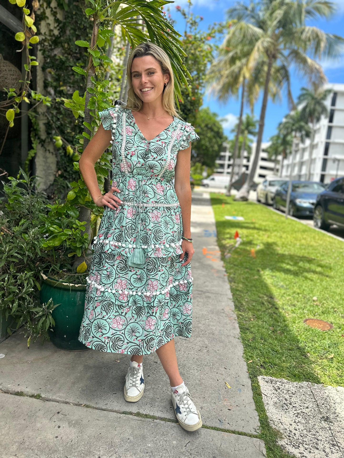 Cece Pom Pom Dress | Turquoise Patterned Floral