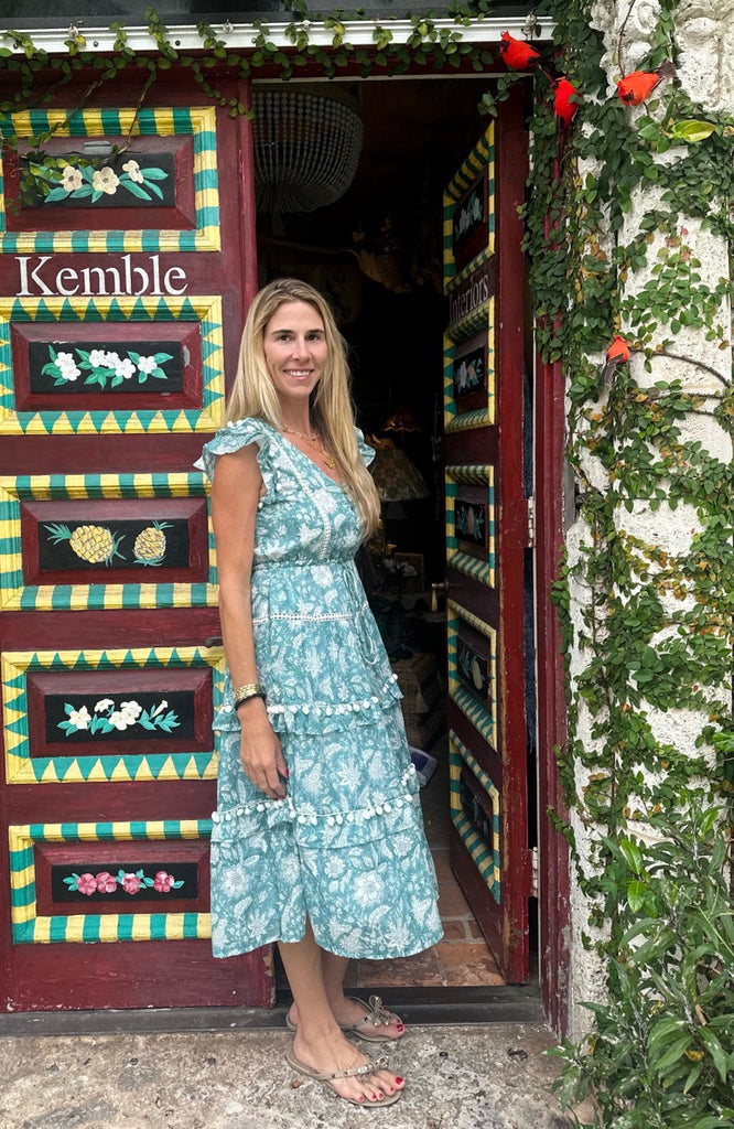 Cece Floral Turquoise Pom Pom Dress - Midi - The Kemble Shop