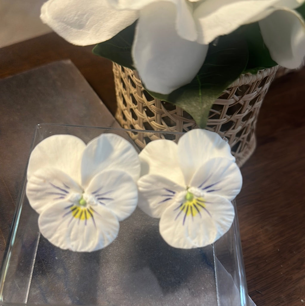 Pansy Earrings - Large White w/Blue Whiskers - The Kemble Shop