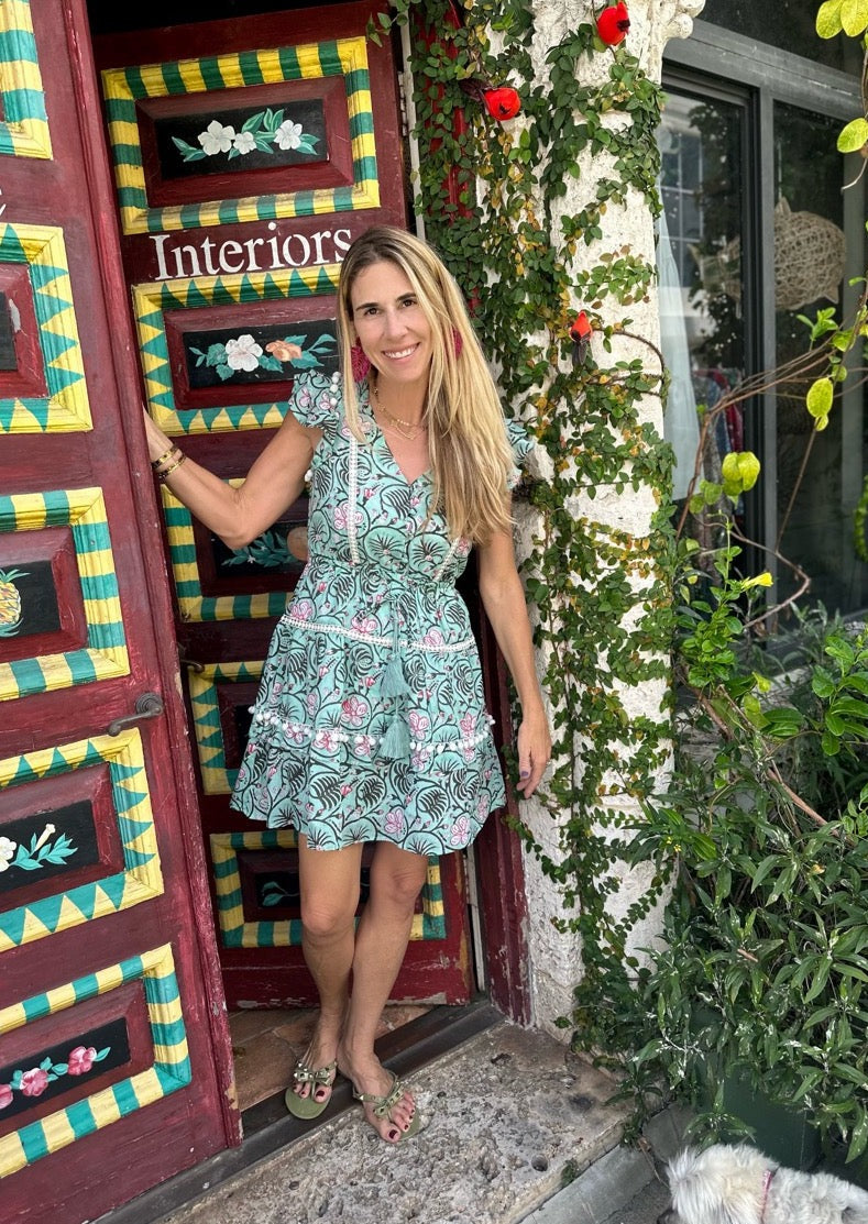 Cece Turquoise Patterned Floral Pom Pom Dress - Short - The Kemble Shop