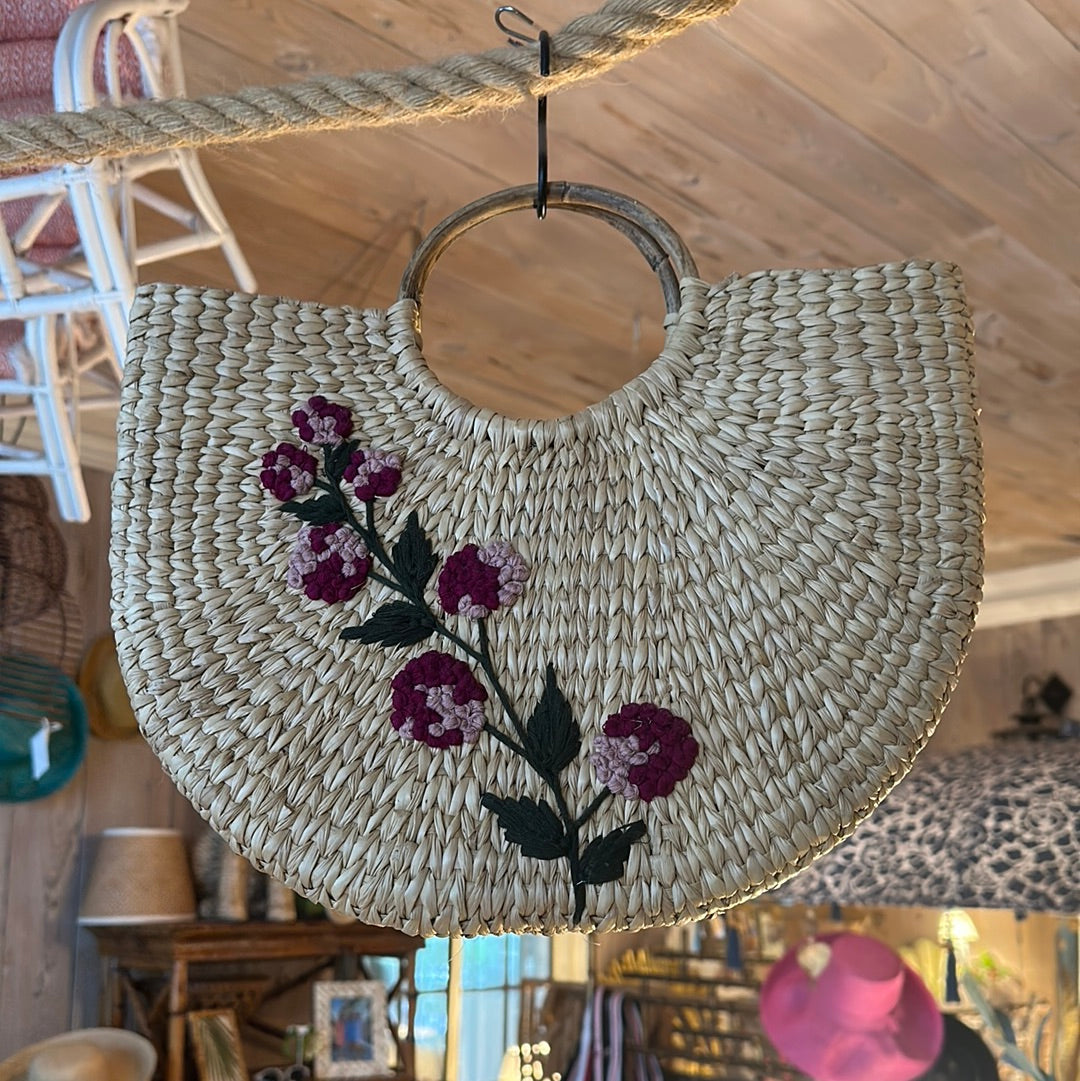 Hand Woven Raspberry Floral Natural Grass Tote - The Kemble Shop