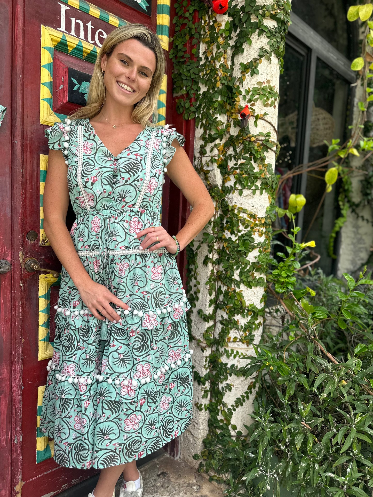 Cece Pom Pom Dress | Turquoise Patterned Floral