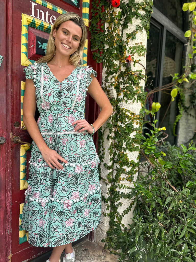 Cece Turquoise Patterned Floral Pom Pom Dress - Short - The Kemble Shop