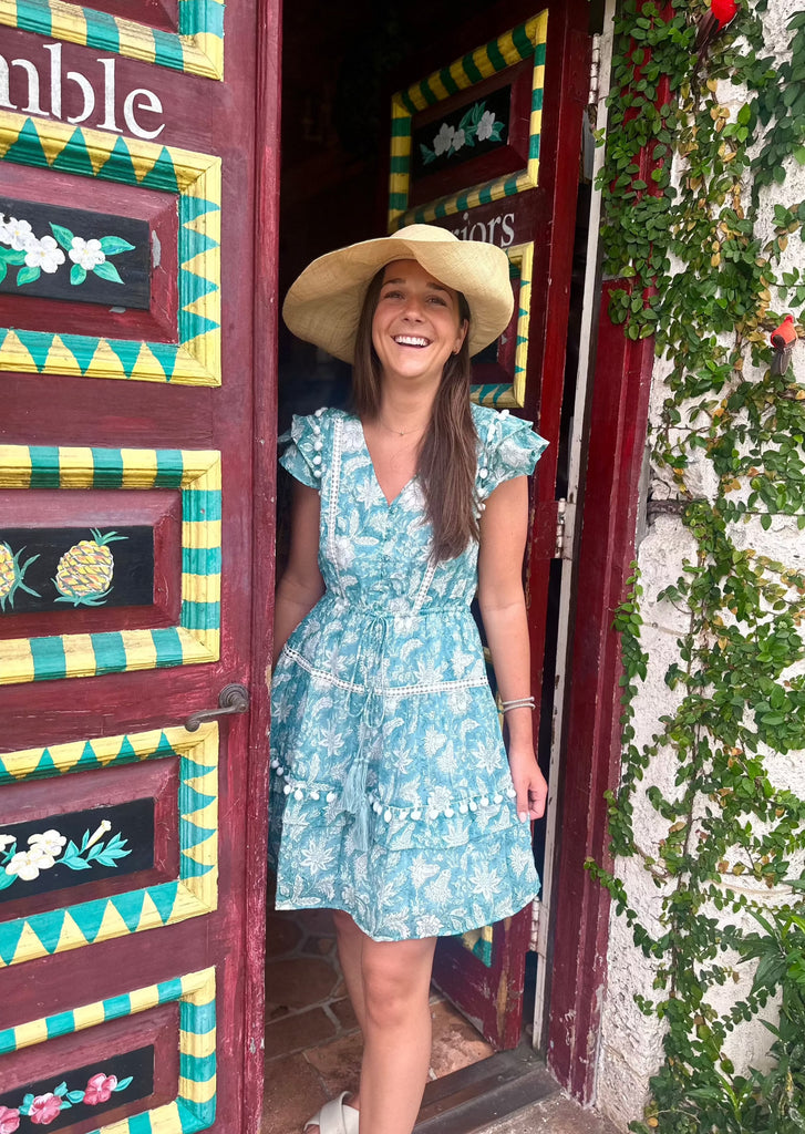 Cece Floral Turquoise Pom Pom Dress - Short - The Kemble Shop