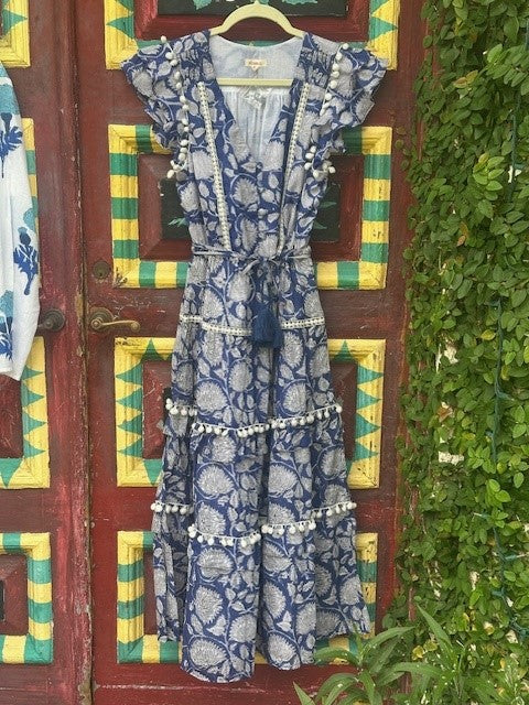 Cece Pom Pom Dress | Dark Blue Floral | Midi - The Kemble Shop