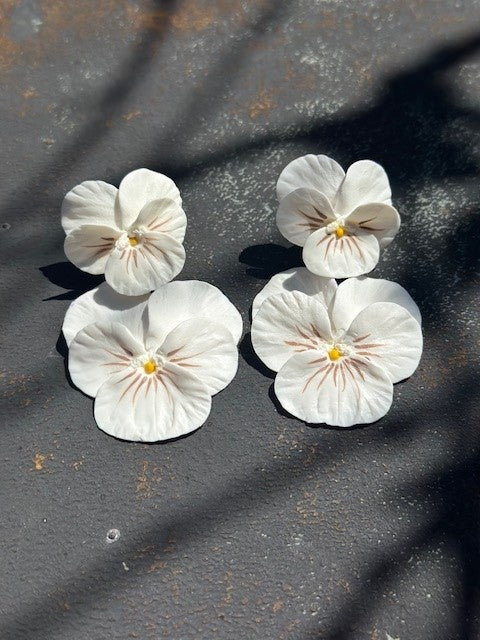 White Pansy w/Brown Whisker Drop Earrings - The Kemble Shop