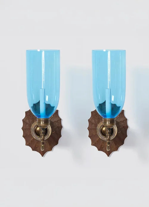 Sconces (Pair) - David Duncan Studio Boissy Sconces w/Blue Hurricane Shades - The Kemble Shop