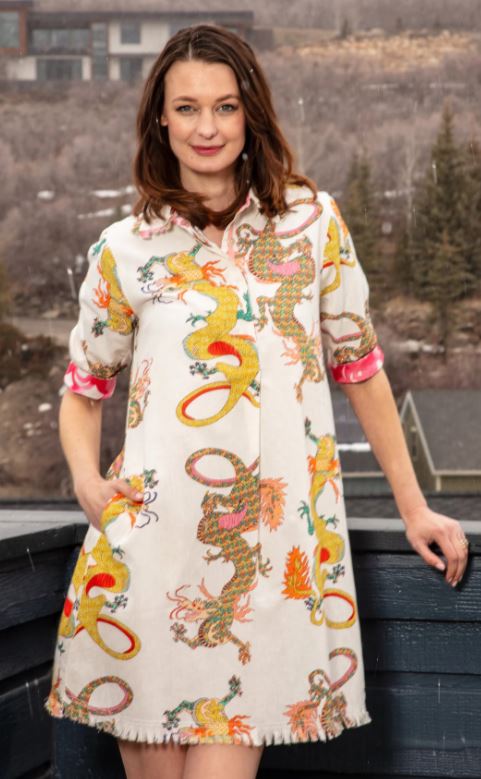Chatham Dress- White Dragons - Dizzy Lizzie