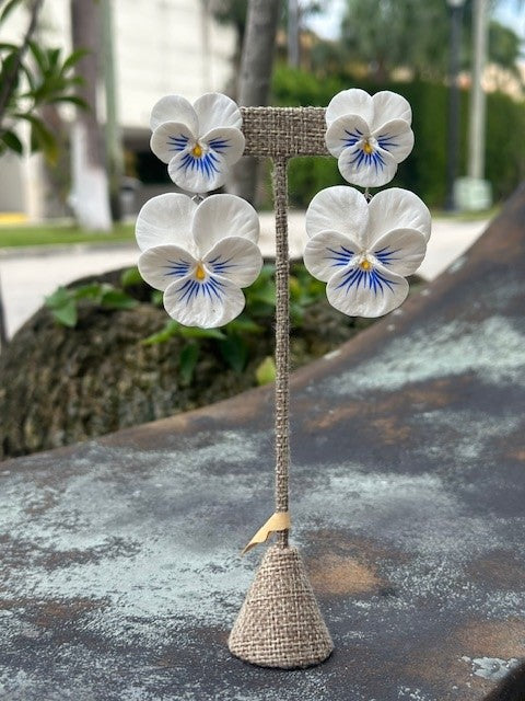 White Pansy with Blue Whisker Drop Earrings - The Kemble Shop