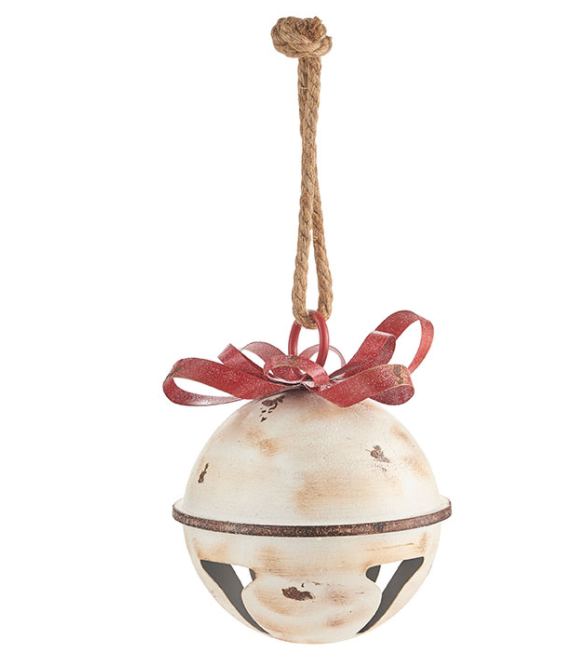 11" White Glittered Jingle Bell w/Red Bow Ornament - The Kemble Shop