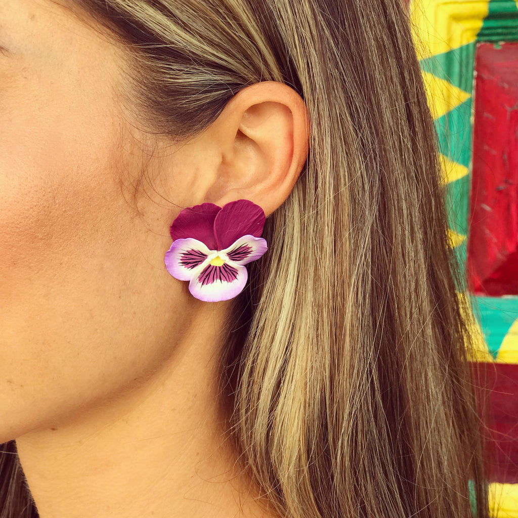 Deep Purple and White Large Pansy Earring - The Kemble Shop