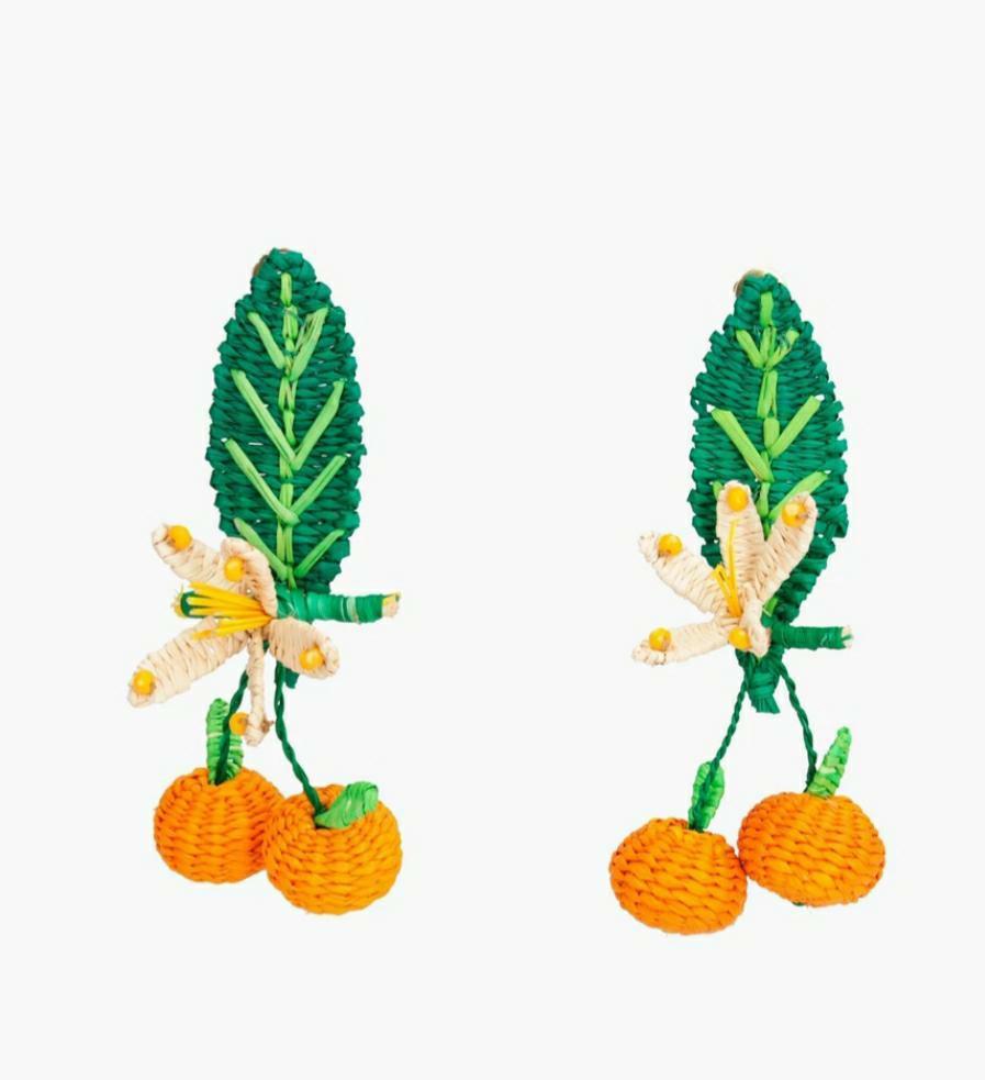Straw Oranges w/ Leaf Drop Earrings - Clip OR Pierced - The Kemble Shop