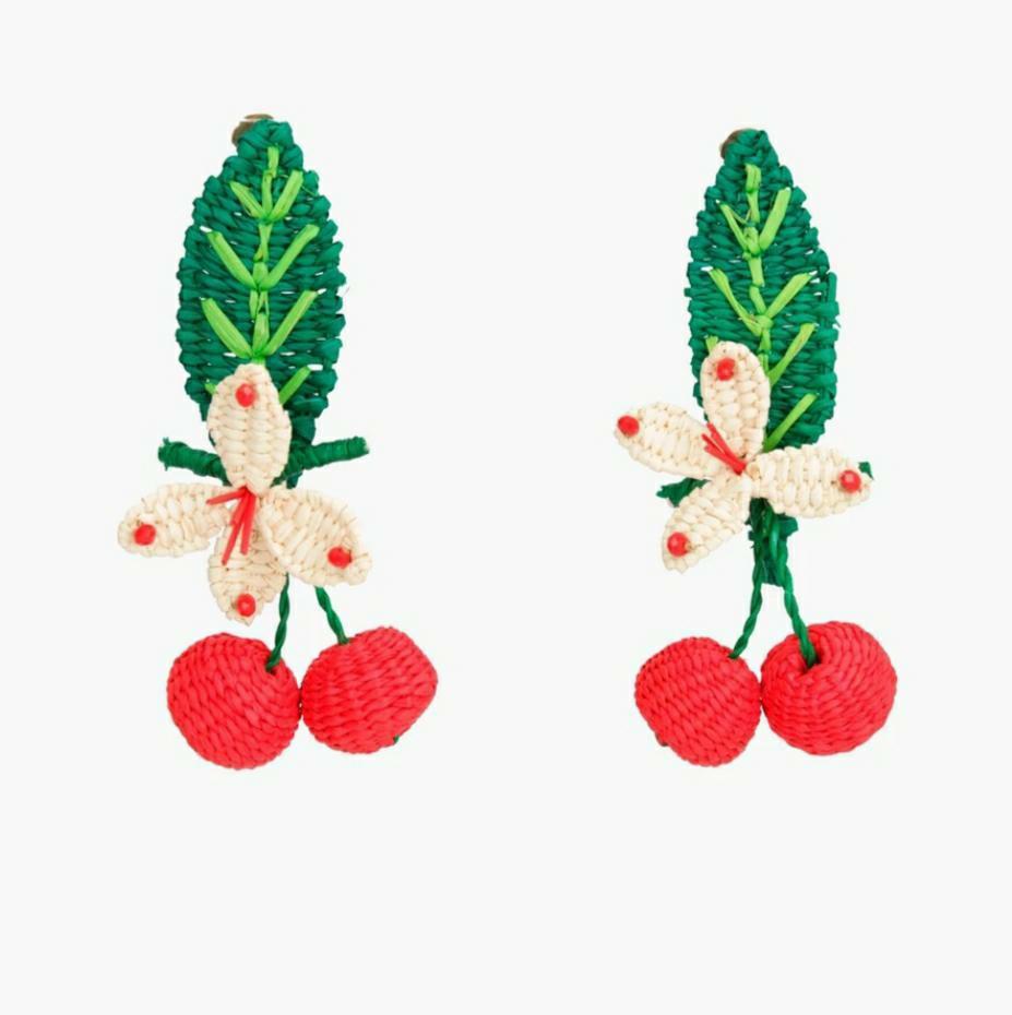 Straw Cherry w/ Leaf Drop Earrings - Clip OR Pierced - The Kemble Shop