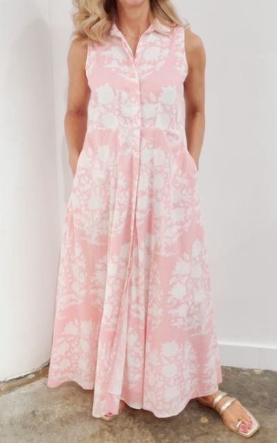 Mimi Sleeveless Long Candy Pink Bouquet Dress - The Kemble Shop