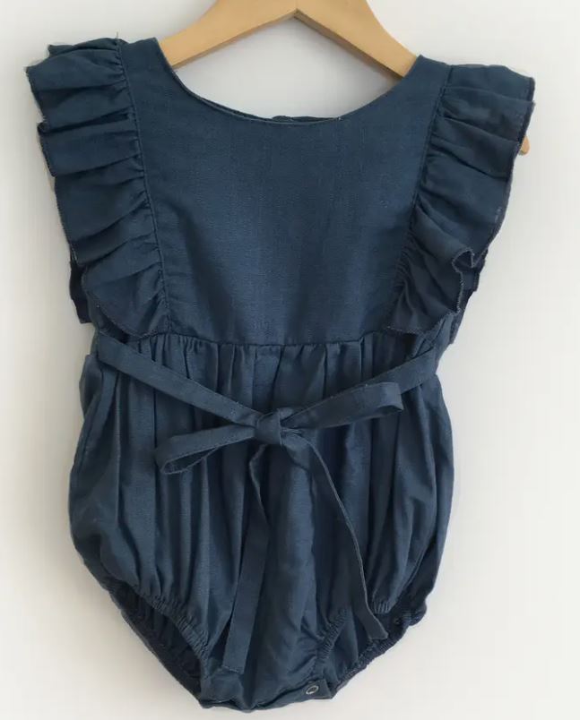 Navy Linen Ruffle Romper - The Kemble Shop