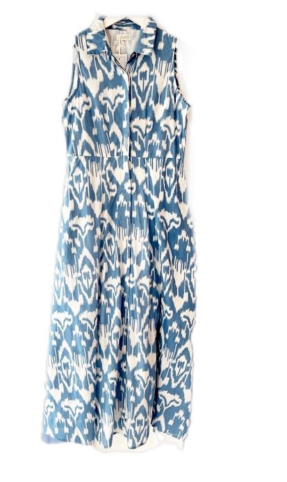 Mimi Sleeveless Long Blue Ikat Shirt Dress - The Kemble Shop