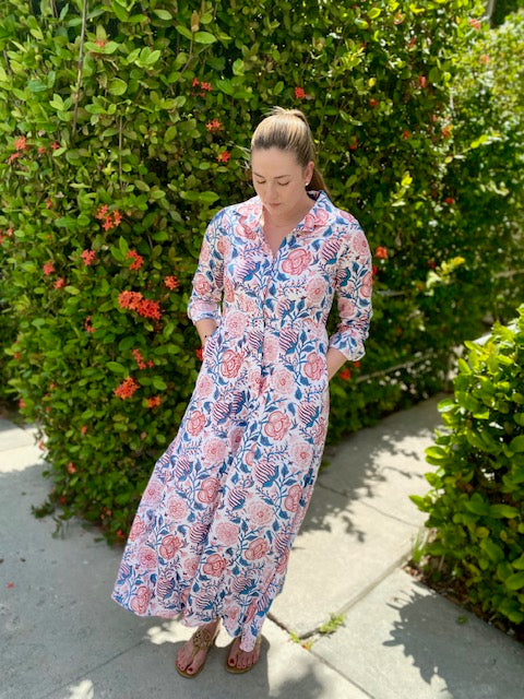 Mimi Long Sleeve Long Blue & Red Floral Shirt Dress - The Kemble Shop