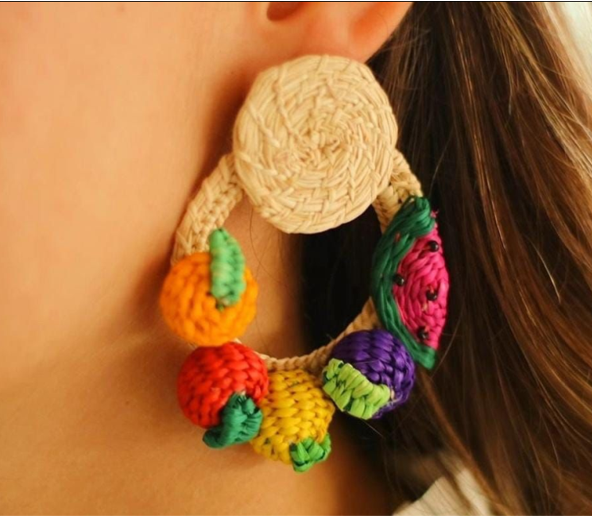 Natural Rattan Fruit Hoop Drop Earrings - Clip OR Pierced - The Kemble Shop