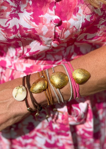 Truono Suede Wrap Bracelets w/Gold Leaf Painted Shells & Beads - The Kemble Shop