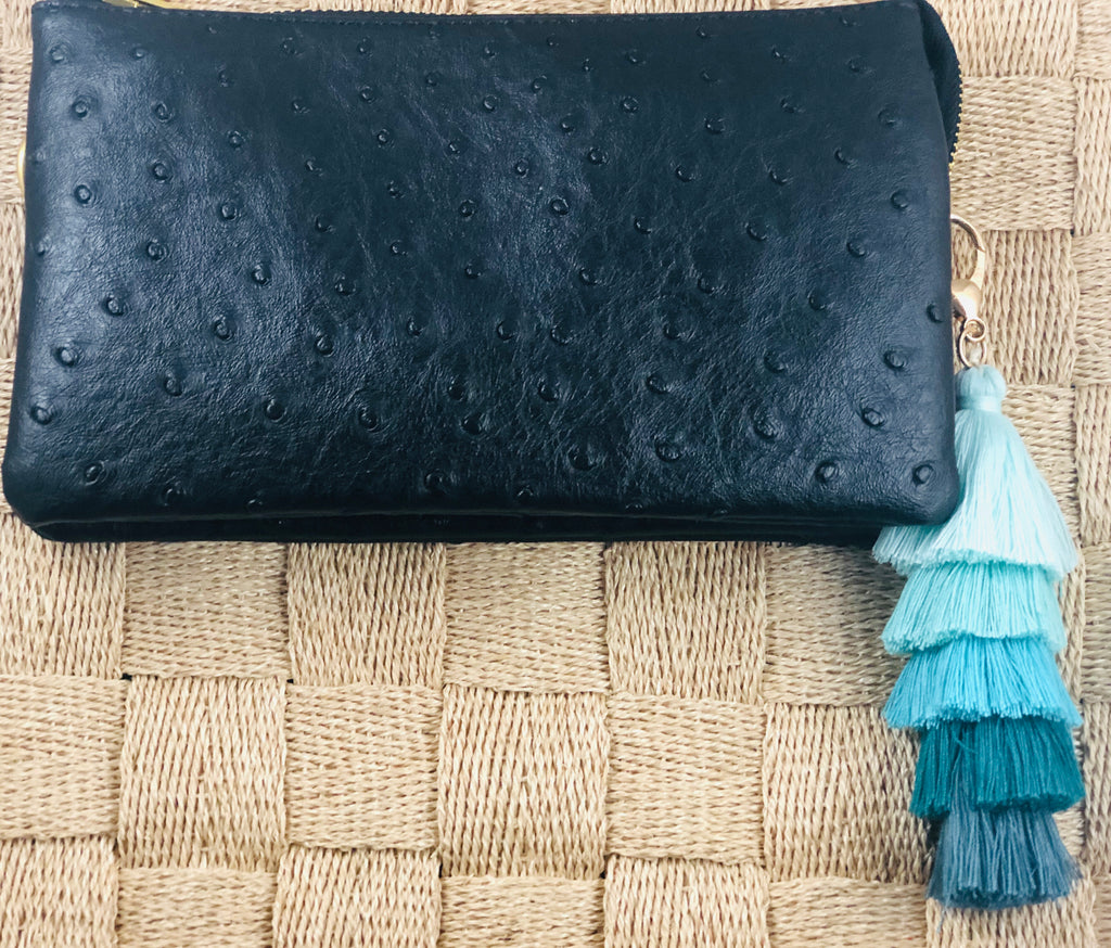 Black Small Faux Ostrich Clutch w/ Tassel - The Kemble Shop